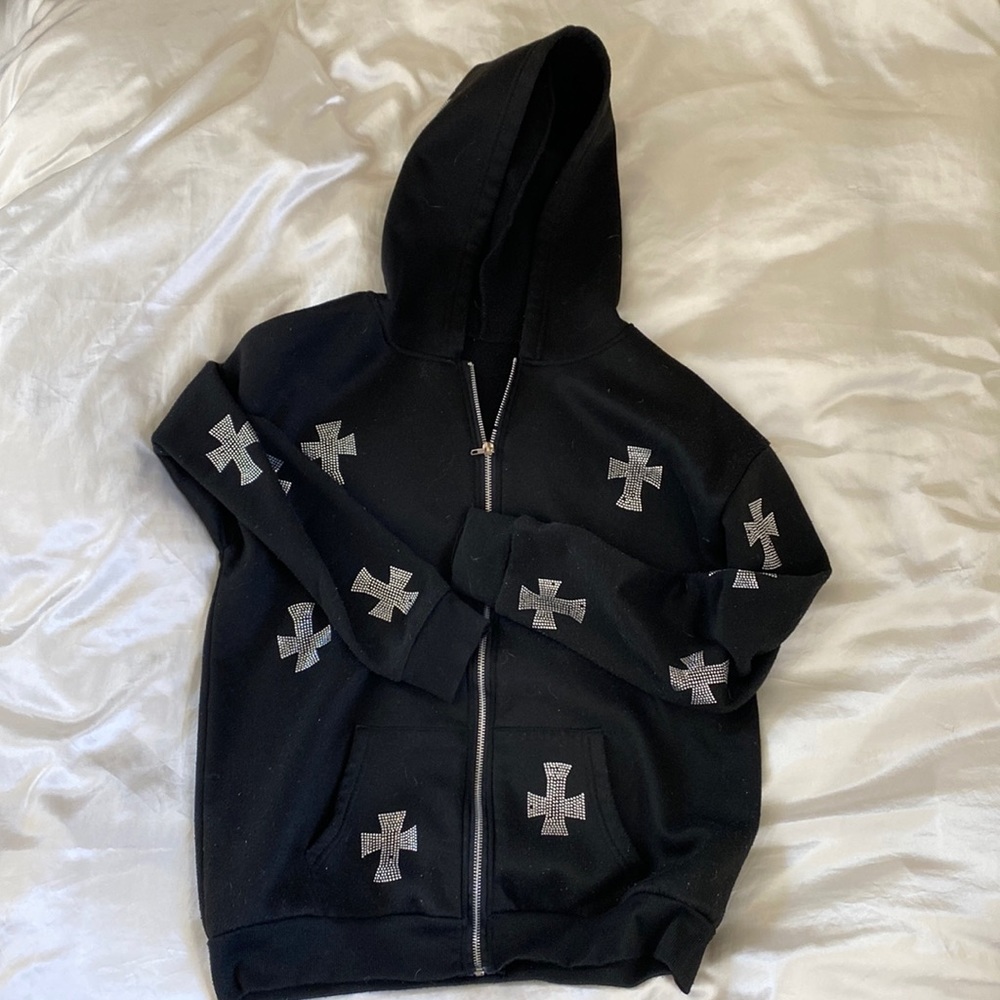 y2k rhinestone cross zip up hoodie | Black